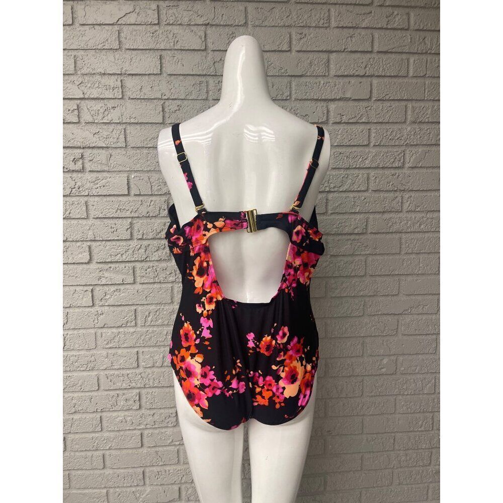 Women Black Floral Print Cut-Out Back One Piece Swimsuit Size XL NWOT - Picture 2 of 8